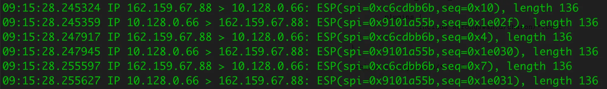 tcpdump shows the IPsec encrypted packets from Cloudflare's health probbes