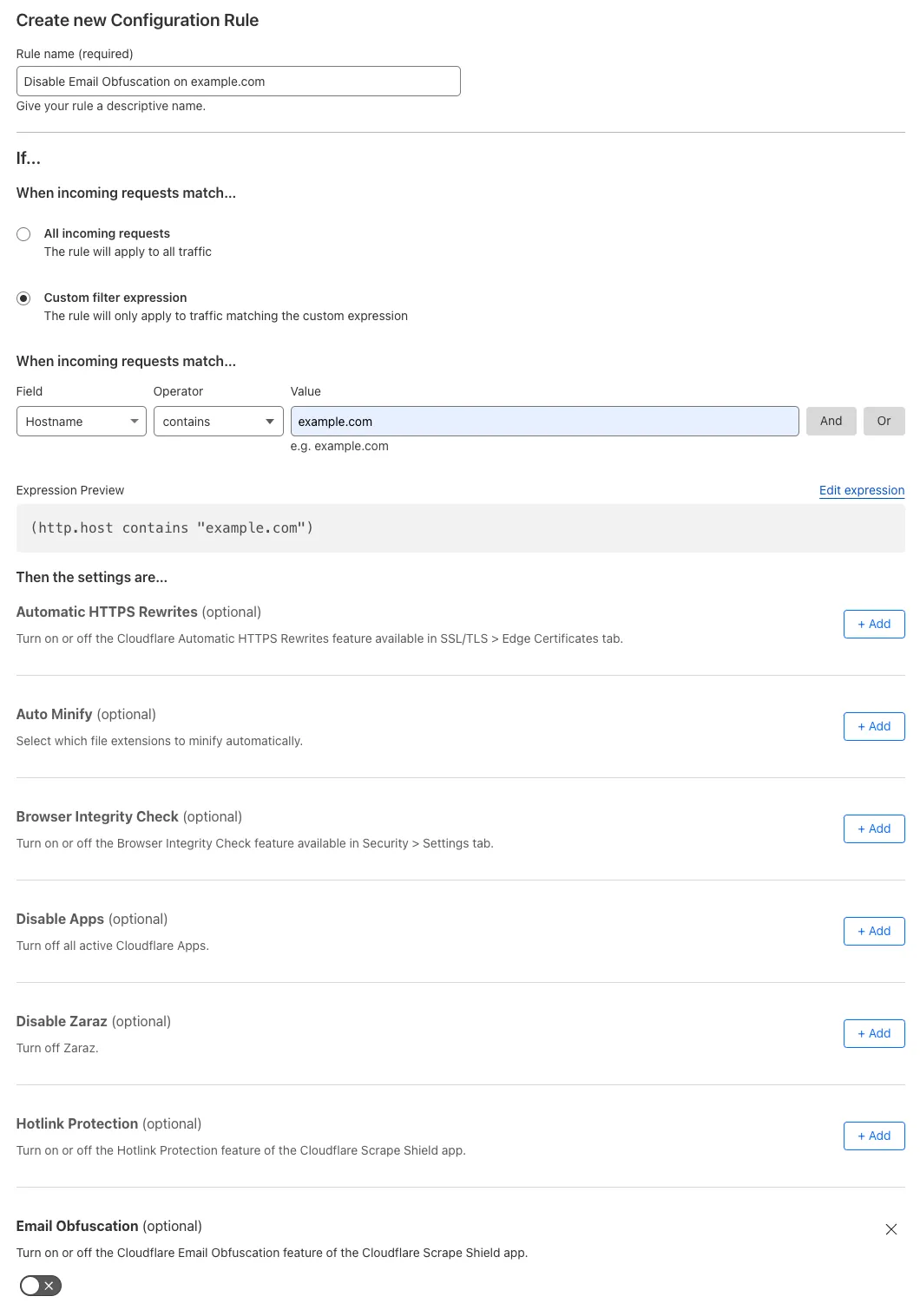 Configuration rule matching the 'Email Obfuscation > Off' setting of the example Page Rule