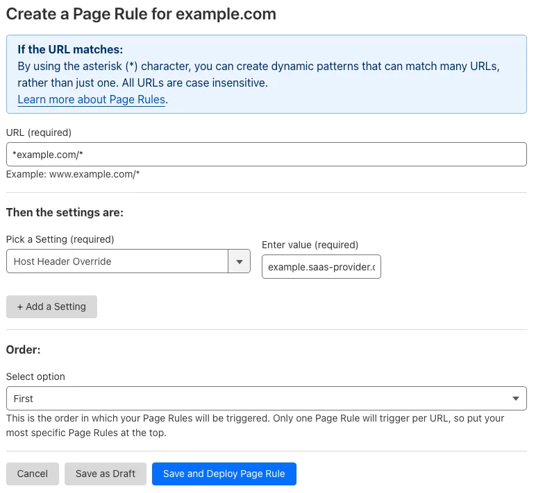 Example Page Rule with 'Host Header Override' setting