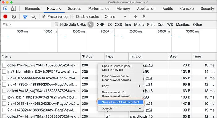 HAR save menu in Chrome developer tools.
